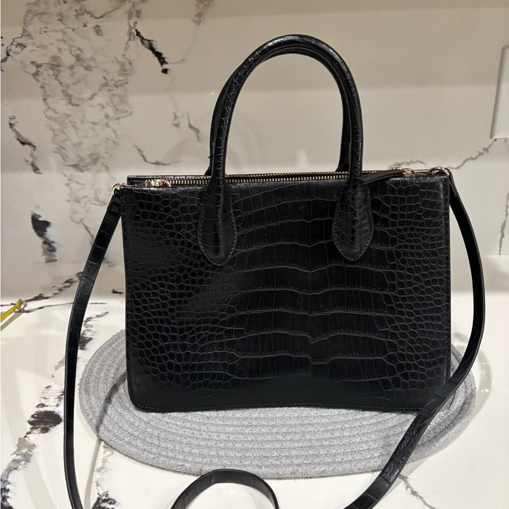 H&M Black Crocodile-Embossed Satchel with Adjustable Strap